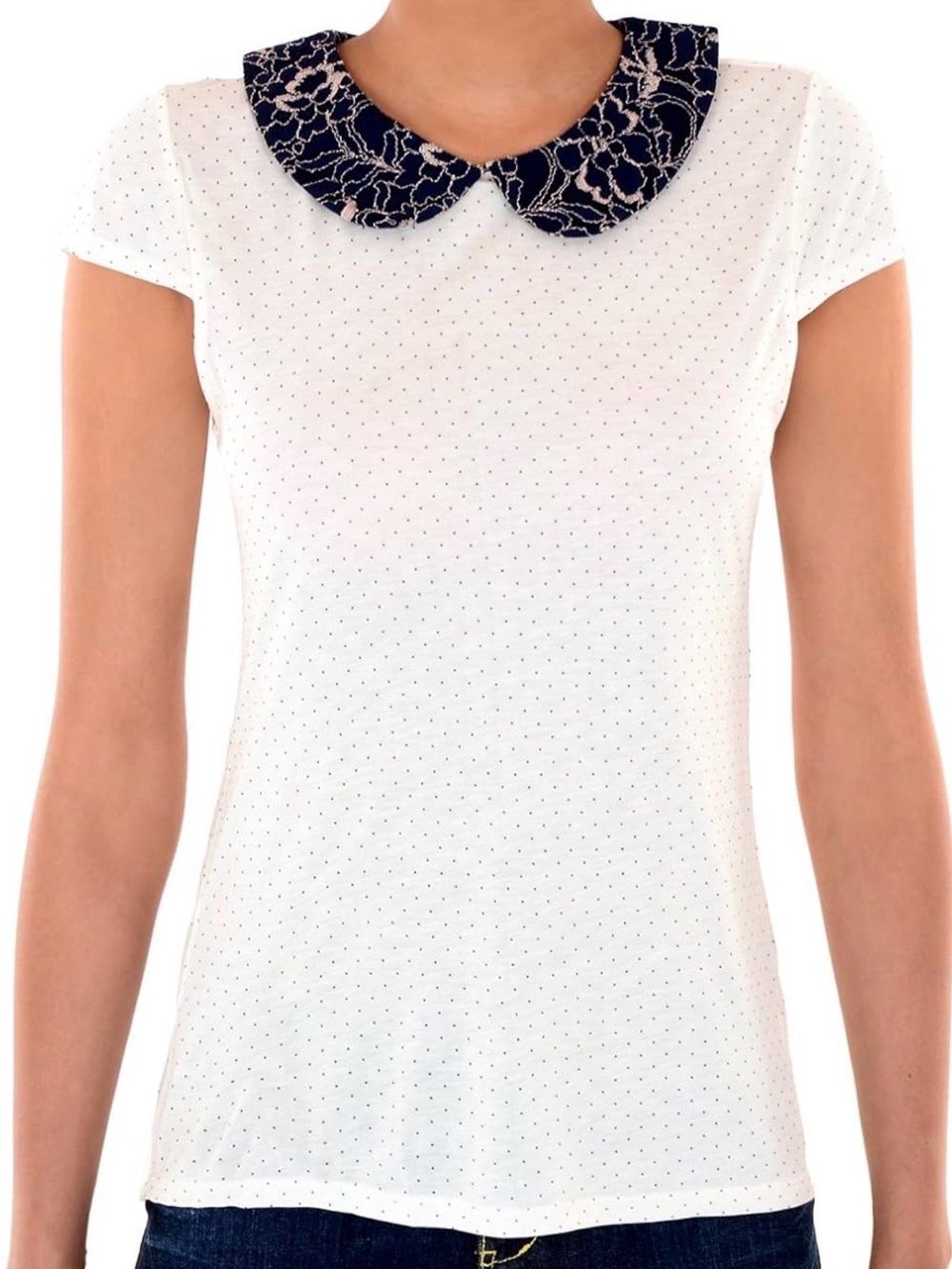 White Dot Short Sleeve Top with Navy Peter Pan Collar